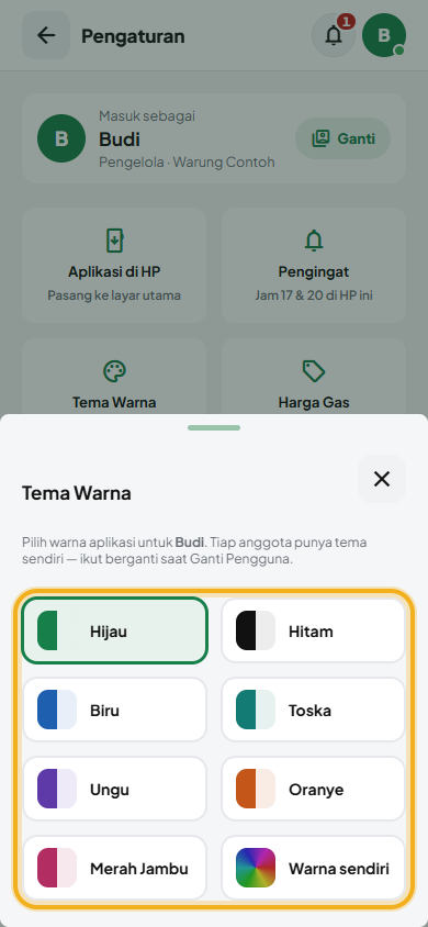 Layar: Tema warna milik sendiri