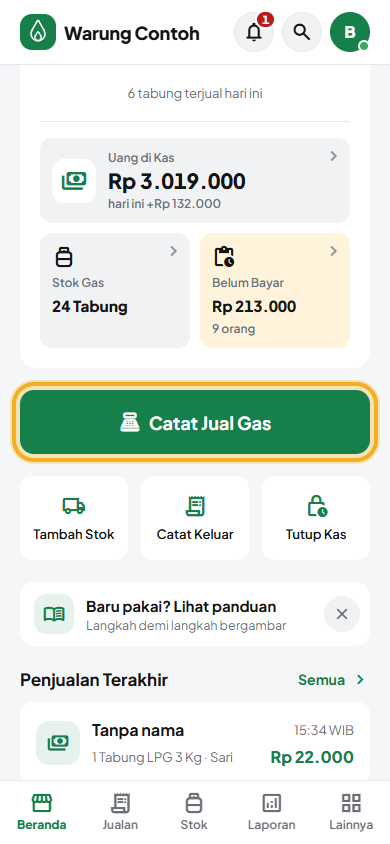 Layar: Tekan Catat Jual Gas