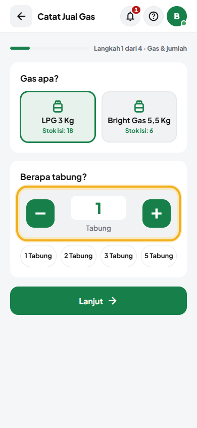Layar: Pilih gas & jumlah tabung