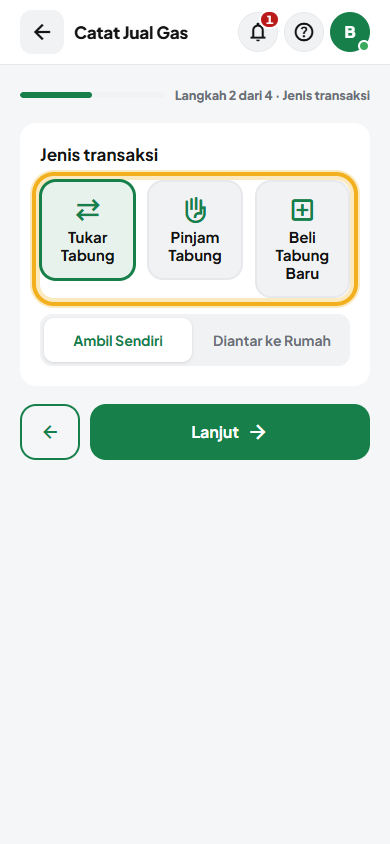 Layar: Pilih jenis transaksi