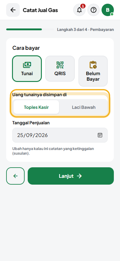 Layar: Cara bayar: Tunai