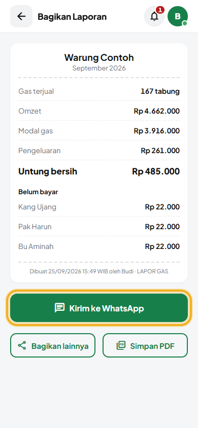 Layar: Kirim ke WhatsApp / simpan PDF